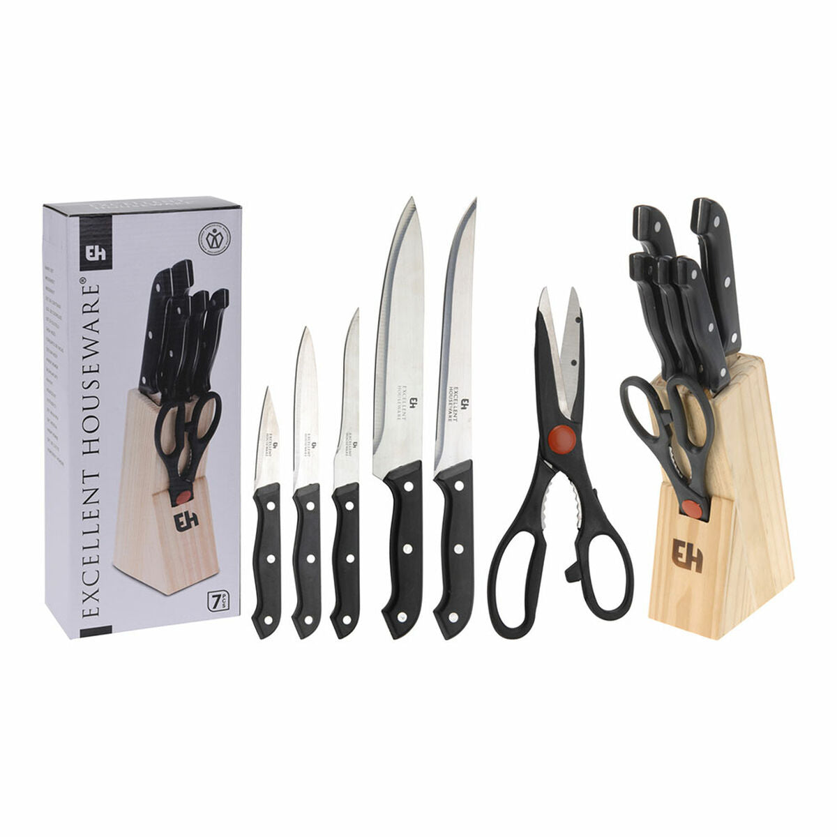 Set of Kitchen Knives and Stand Excellent Houseware Scissors 7 Pieces Black Wood Stainless steel polypropylene-1