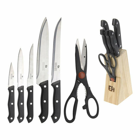 Set of Kitchen Knives and Stand Excellent Houseware Scissors 7 Pieces Black Wood Stainless steel polypropylene-0